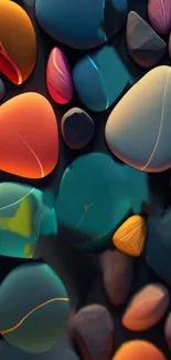 Colorful abstract pebbles design wallpaper with teal hues.