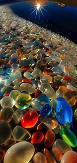 Colorful pebbles on a beach with sunlight sparkle.