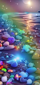 Vibrant, colorful pebble beach at sunset with sparkling stones in warm light.