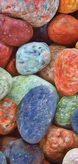 Vibrant colorful pebbles and stones wallpaper for phone screen background.