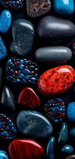 Vibrant colorful pebble stone wallpaper with blue and red tones.