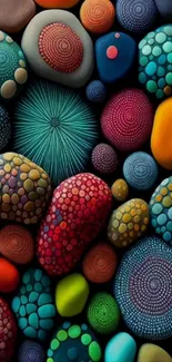 Colorful pebble art with intricate patterns on a black background.