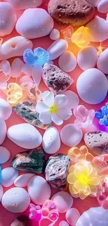 Vibrant wallpaper with colorful pebbles and flowers.