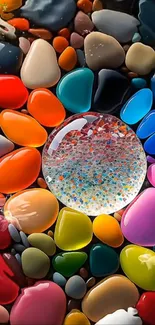 Colorful pebbles surrounding a glass sphere with vibrant hues.