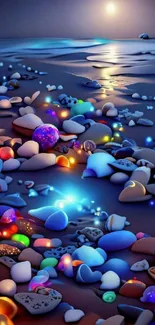 Vibrant beach wallpaper with glowing pebbles and ocean under moonlight.