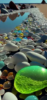 Colorful pebbles on a sunny beach, reflecting sunlight.