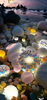 Vibrant pebbles illuminated along a tranquil seashore.