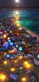 Shimmering moonlit beach with colorful pebbles at night.