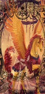 Colorful Pegasus with wings in fantasy art, ornate floral frame