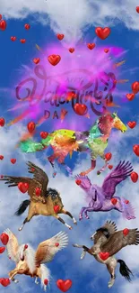 Colorful Pegasus horses in heart-shaped sky with Valentine's Day theme.