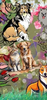 Colorful wallpaper featuring dogs, cats, and flowers.