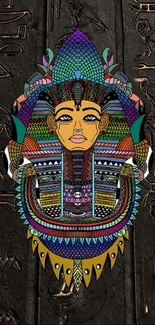 Colorful pharaoh art on black hieroglyph background wallpaper.