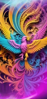 Fantasy phoenix with colorful swirls in purple, gold, and cyan hues.