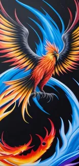 Vibrant phoenix with colorful wings on black background wallpaper.