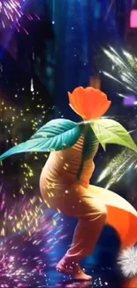 Dynamic figure with a flower head amidst fireworks and vibrant colors.