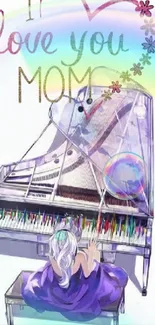 Colorful piano with 'I Love You Mom' text wallpaper.