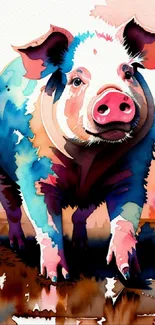 Colorful watercolor pig artwork with a vibrant and artistic style.