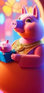 Neon-colored cartoon pig with book in vibrant setting. Fantasy art mobile wallpaper.