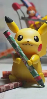 Pikachu figurine with crayons in a colorful art scene.