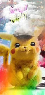 Cute Detective Pikachu with colorful background as mobile wallpaper.