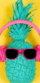 Turquoise pineapple with pink accessories on a yellow background.