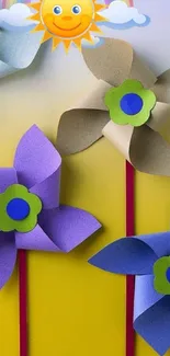 Colorful pinwheels with yellow background in a sunny digital illustration.