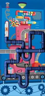 Colorful machine art with pipes and gears on a blue background.