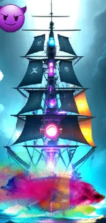 Colorful pirate ship wallpaper with vibrant sails and ocean backdrop.