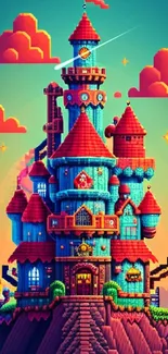 A vibrant pixel art castle with colorful towers and a fantasy design.