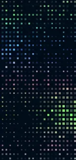 Vibrant pixel art wallpaper with blue, green, and purple squares on a dark background.