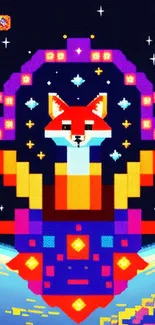 Vibrant pixel art fox in a colorful space-themed design.