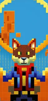 Vibrant pixel art fox with blue and orange hues on a mobile wallpaper.