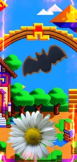 Whimsical pixel art landscape with bat and daisy