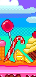 Colorful pixel art dessert theme wallpaper with vibrant colors.