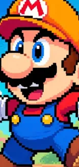 Pixelated cartoon hero with vibrant colors.