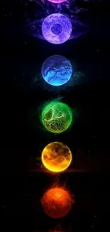 Vibrant alignment of colorful planets on a dark mobile wallpaper.