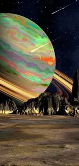 Colorful ringed planet in cosmic landscape wallpaper.