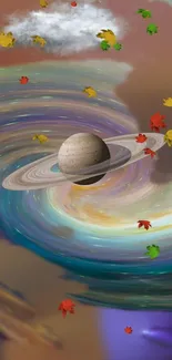 Swirling planet art with colorful leaves.