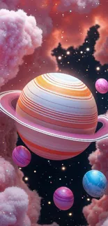 Colorful planets float among pink clouds in space.