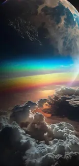 Colorful cosmic scene with a planet and clouds.