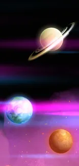 Colorful space wallpaper featuring vibrant planets and celestial elements.