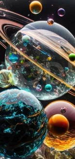 Surreal planetary wallpaper with colorful cosmic spheres and rings.