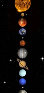 Vibrant solar system mobile wallpaper with planets aligned vertically.