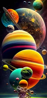 Vibrant mobile wallpaper of colorful planets in a stunning cosmic scene.