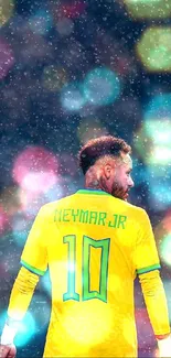 Soccer player with bokeh background and bright yellow jersey.