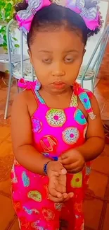 Young child in colorful pink outfit in warm room setting.