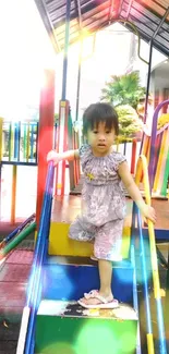 Child playing in a colorful playground with vibrant lighting effects.