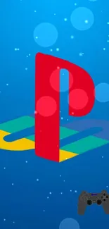 Colorful PlayStation logo on a blue bokeh wallpaper.