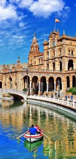 Vibrant view of Plaza de España in Seville, Spain with a boat on the water.