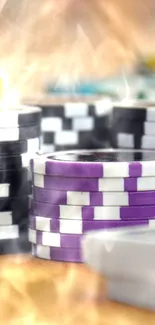 Vibrant poker chips stacked on a table.